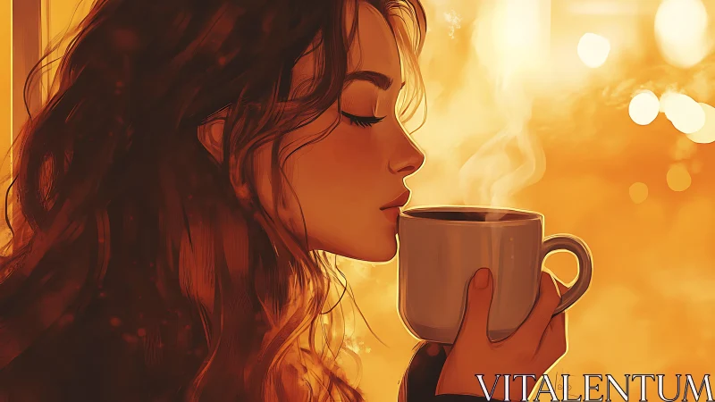Golden hour muse sipping quiet comfort from steaming mug.