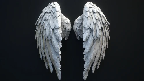 Sculpted angel wings drift against a moody midnight void.