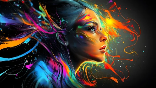 Vivid neon portrait captures a woman in swirling color motion.