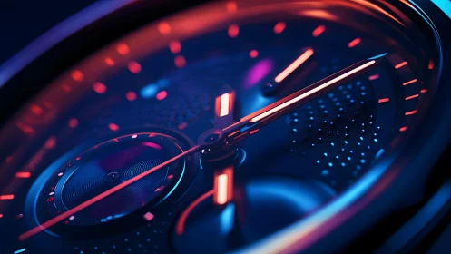 Modern analog watch face in neon lighting, macro close-up style.