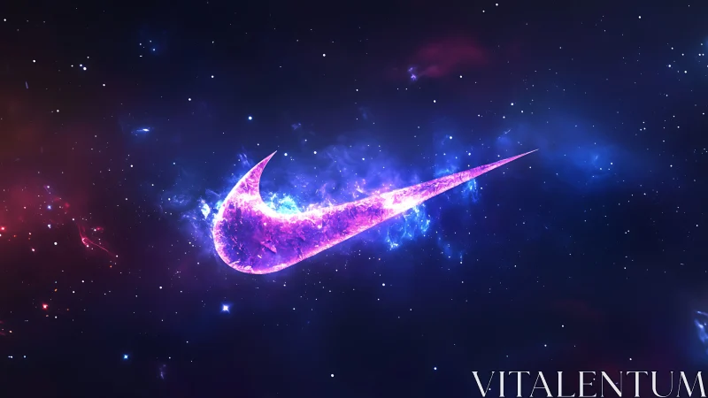 Neon swoosh logo glows in deep cosmic starfield.