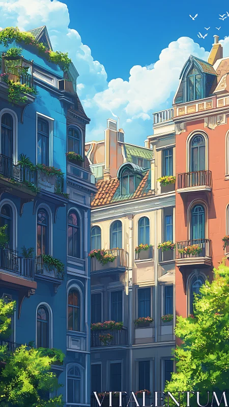 Sunlit European facades with balconies and lush rooftop gardens