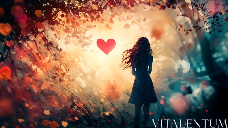 Woman Standing in Autumn Dreamscape with Red Heart.