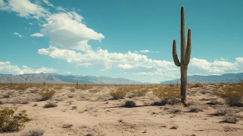Tall desert cactus standing quietly under bright blue sky.
