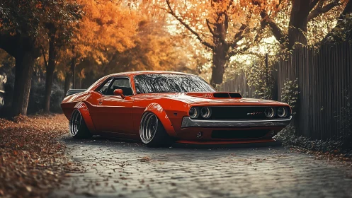 Widebody orange muscle car rendered on autumn forest road