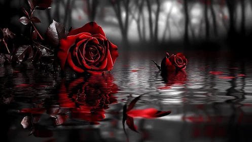 Crimson Reverie: Roses Floating Through Misty Silence.