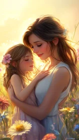 Mother and Daughter in Golden Sunlight Field.