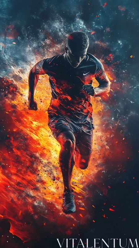 Runner ignites in blazing fire and smoke during intense sprint.