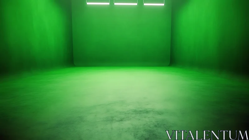 Minimalist green studio room with glowing upper windows.