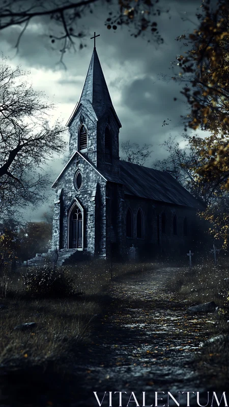 Quiet gothic chapel beneath brooding twilight skies.