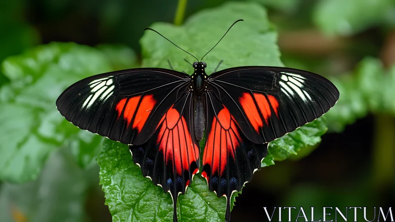 Radiant black and red butterfly rests calmly on lush leaf