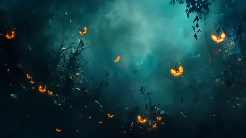 Moonlit pumpkin sprites wandering through a misty forest.