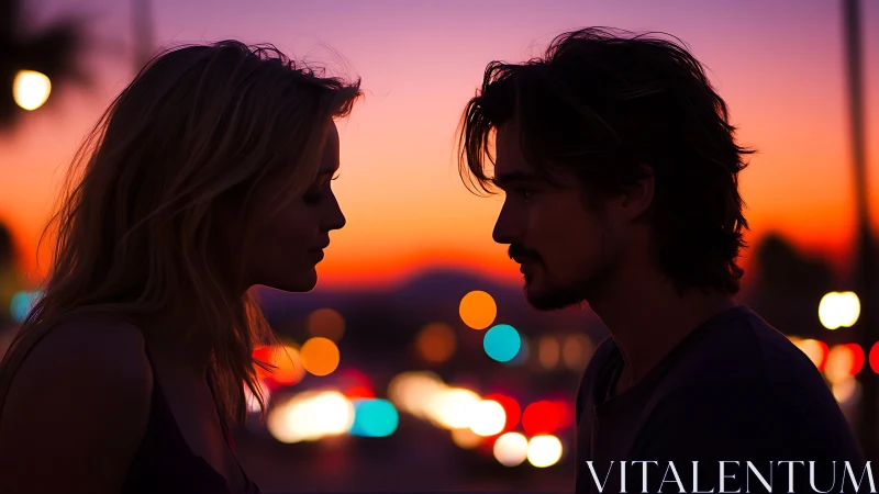 Two people face each other against golden sunset sky with city lights