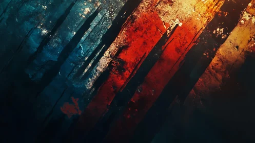 Abstract textured painting with bold red and blue vertical streaks.