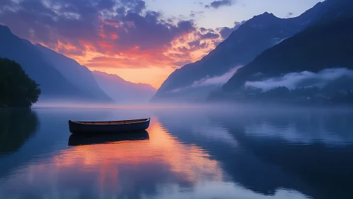 Solitary rowboat floats on glassy alpine lake at vivid sunrise