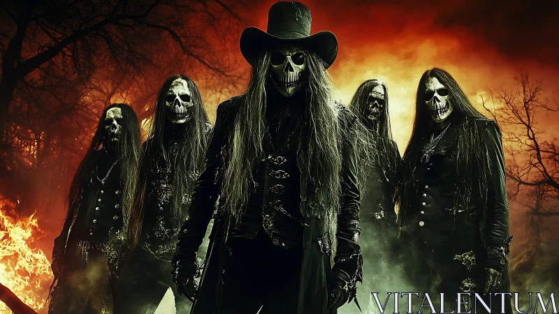 Skeleton-masked metal band in fiery forest scene.