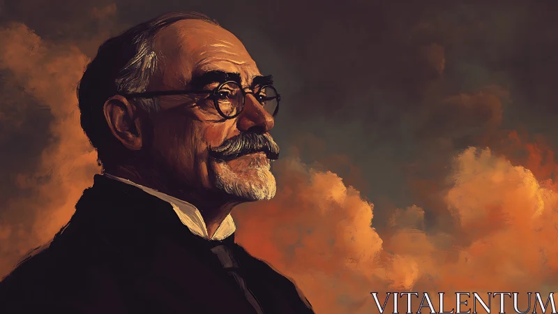 Elderly gentleman gazes into a glowing, stormy sunset sky