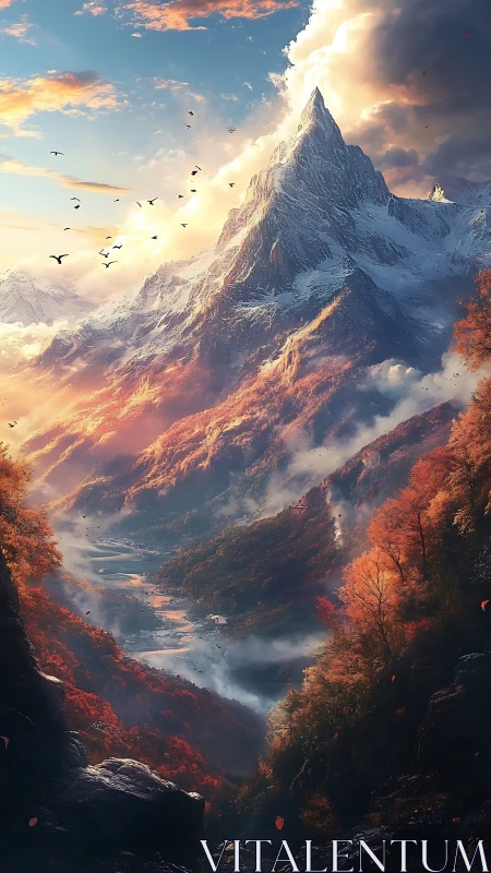 Sunlit alpine peak dominates a mist-filled autumn valley