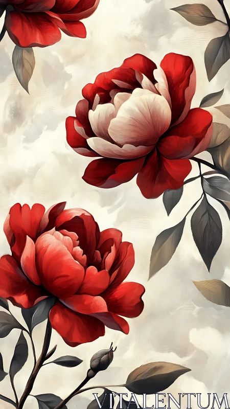 Red Peonies in Full Bloom Against Soft Cream Background