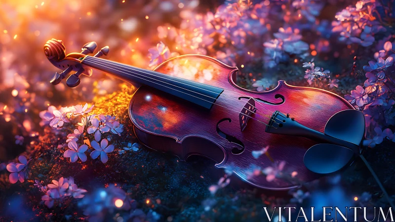 Twilight violin resting in glowing wildflower daydreams.