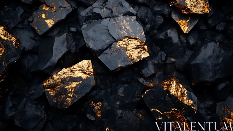 Midnight obsidian cliffs veined with molten ember gold.