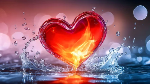 Luminous Heart Engulfed in Flame and Water Splash.