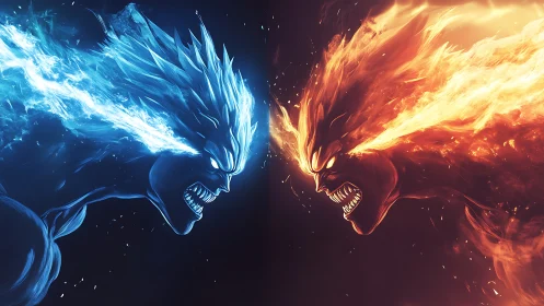 Elemental fire and ice warriors clash in a blazing standoff