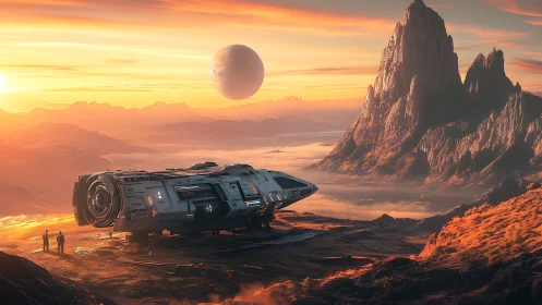 Starship landing on molten plateau under twin suns at dusk.