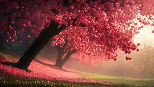 Cherry blossom trees over misty sunlit hillside path.