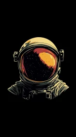 Astronaut helmet illustration with cosmic reflection inside.