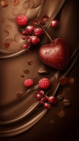 Heart-shaped cherry and berries rest on flowing rich chocolate