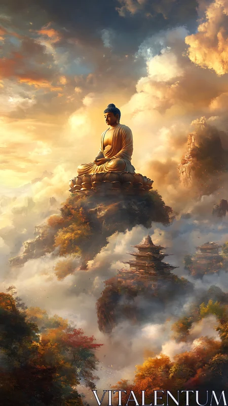 Cloud-wreathed Buddha quietly crowns mountains of autumn light