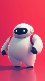 Rounded glossy service robot on vivid red backdrop.