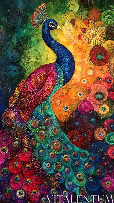 Radiant peacock poised in a swirl of joyful rainbow colors.