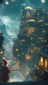 Snowy cliffside city glows with magical Christmas lights.