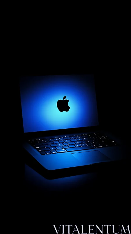 Glowing blue laptop with illuminated keyboard in darkness.