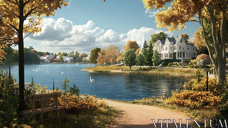 Lakeside residential area is rendered under clear autumn sky