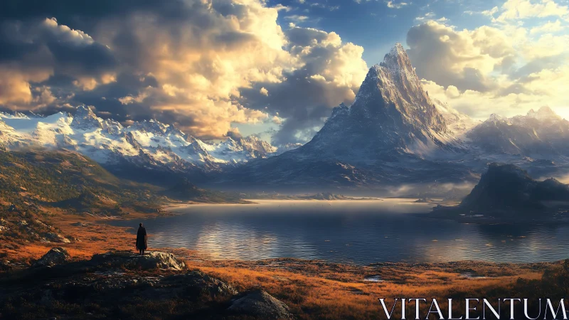 Solitary figure observing lake and snow-covered mountain range.