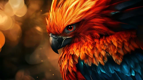 Vivid Digital Painting of Fiery Orange Parrot with Dramatic Lighting.