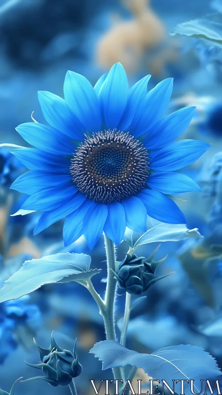 Blue sunflower close-up in cool monochrome garden.