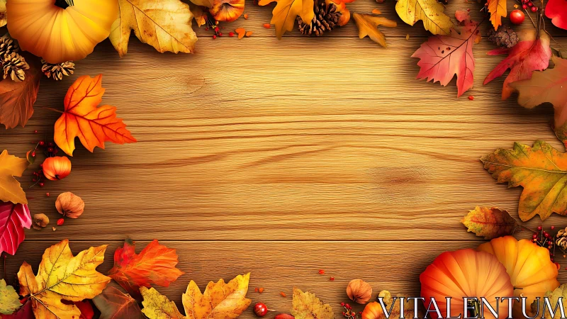 Warm autumn leaves frame a rustic wooden harvest table