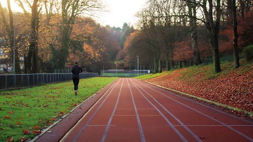 Quiet autumn run unfolds along a peaceful forest track