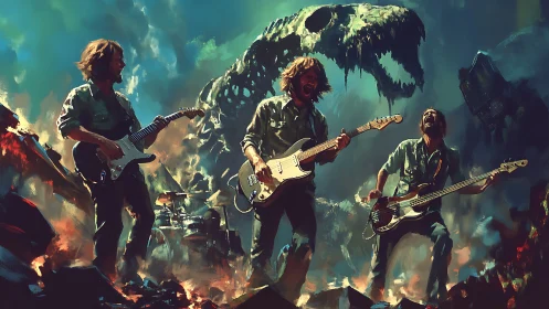 Rock band performs amid dinosaur skull and erupting flames