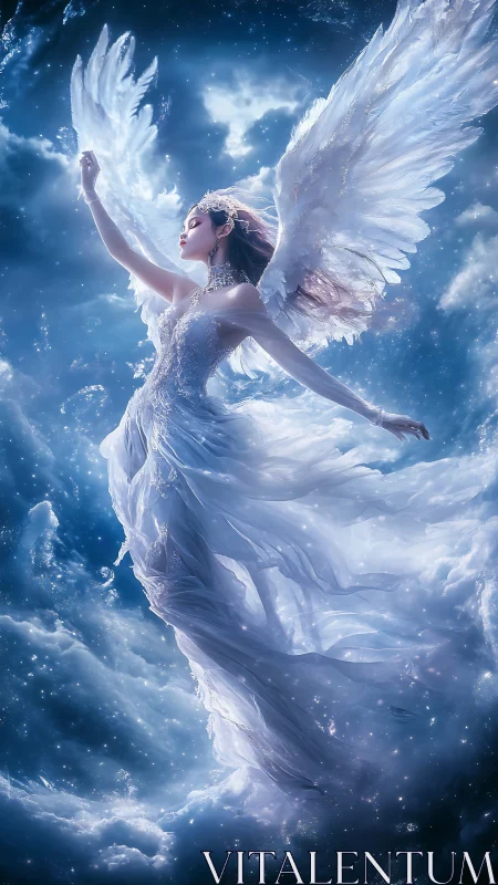 Celestial winged woman ascends through luminous night clouds