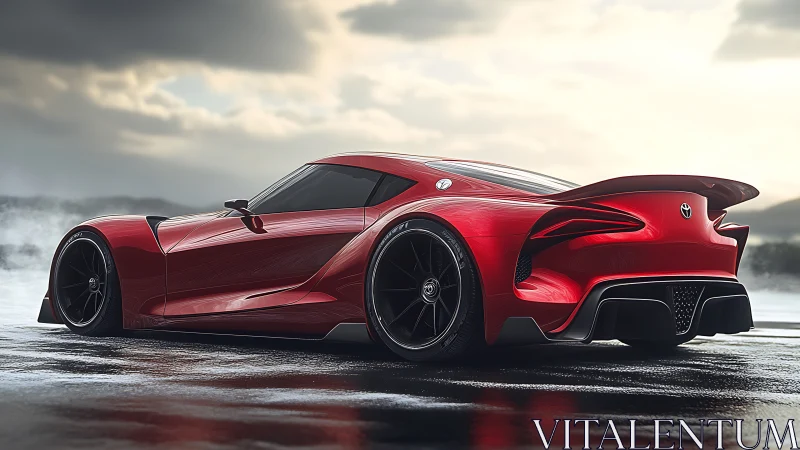 Sleek red supercar glows on wet asphalt after rainfall.