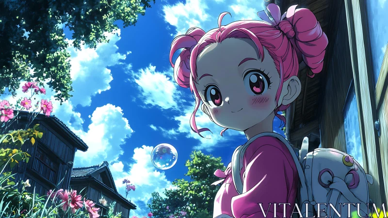 Bubble-bright village stroll with pink-haired daydreamer girl.