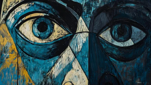 Abstract close-up of expressive face in bold blue cubist style.
