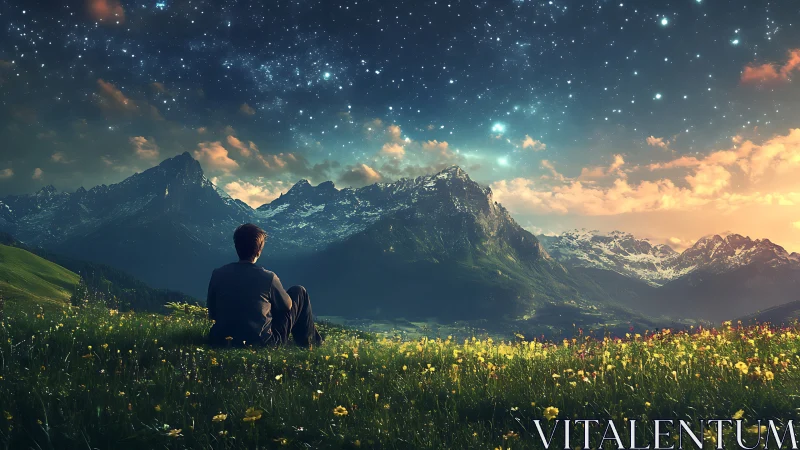 Stargazer overlooking alpine valley under luminous twilight sky.