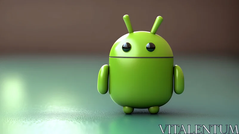 Shiny green robot mascot waiting on a dreamy teal floor.