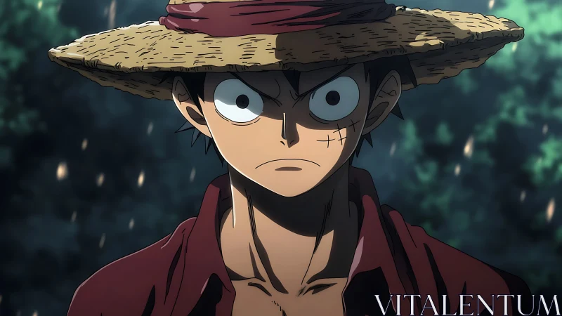 Straw hat anime character stares forward with intense focus
